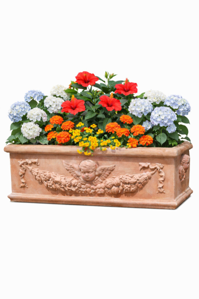 Bac à fleurs décoré avec putti et rinceaux en terre cuite Impruneta – élégance baroque italienne